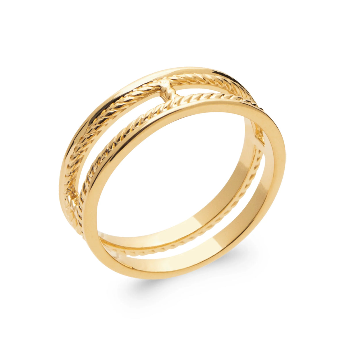 Bague double anneau torsadé et lisse reliés par une barrette en plaqué or