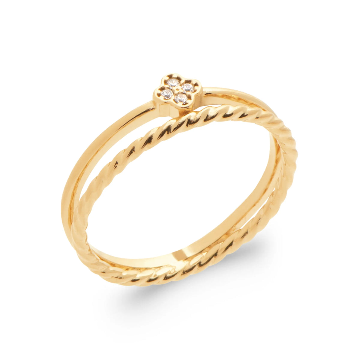 Bague double anneau torsadé surmonté d’une petite fleur de zircons en plaqué or