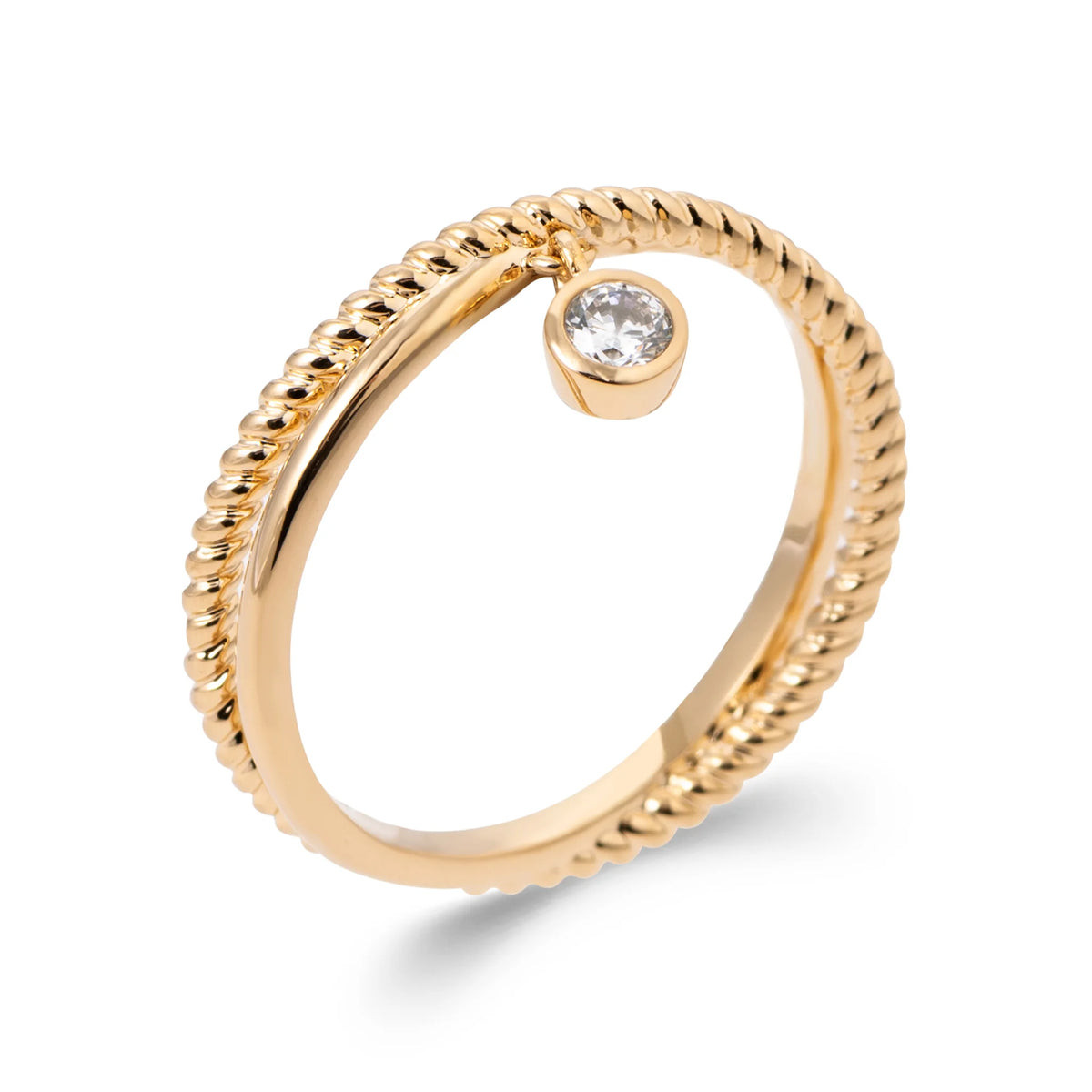 Bague double anneau torsadé et zircon rond serti clos en plaqué or