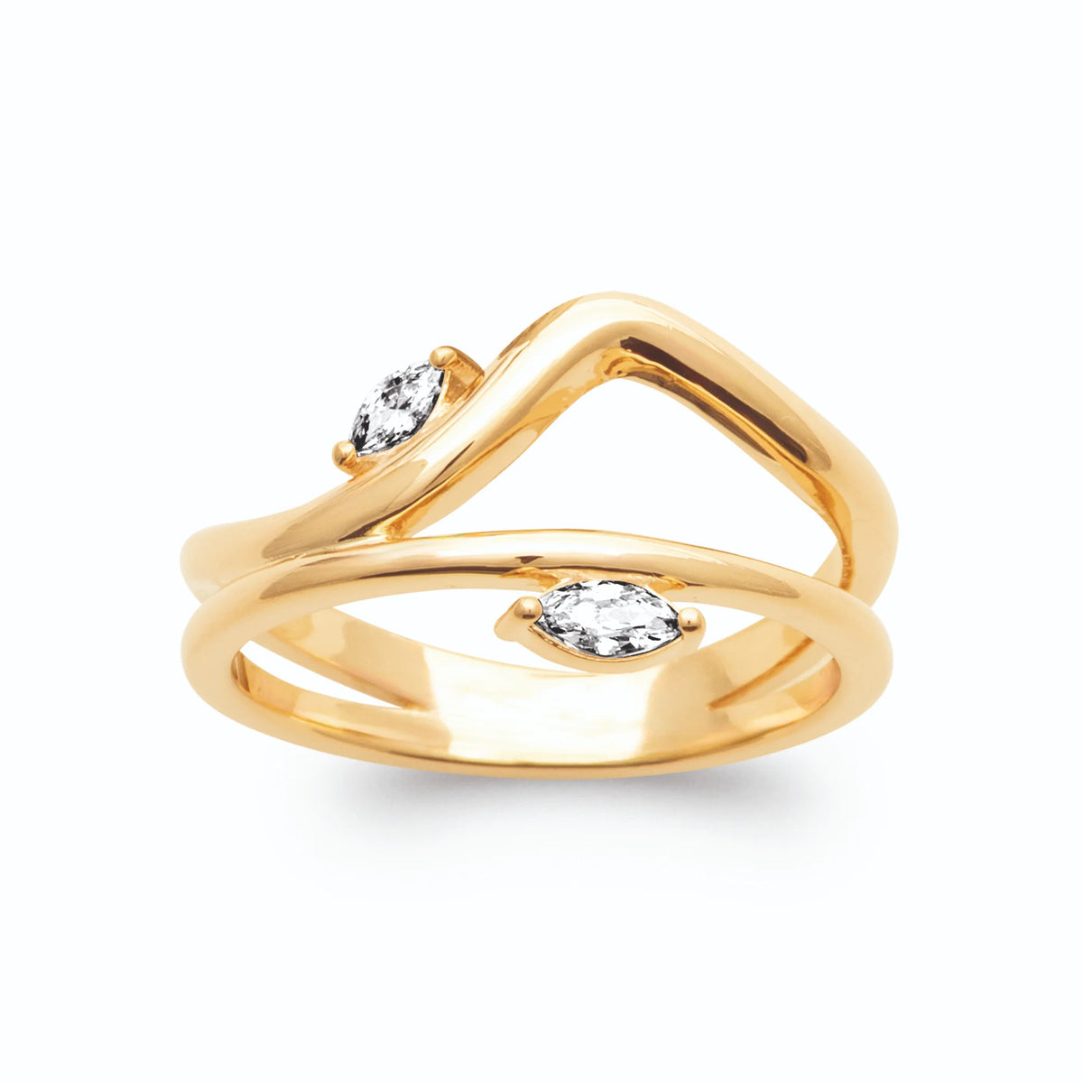 Bague double anneau vague et zircons navettes en plaqué or