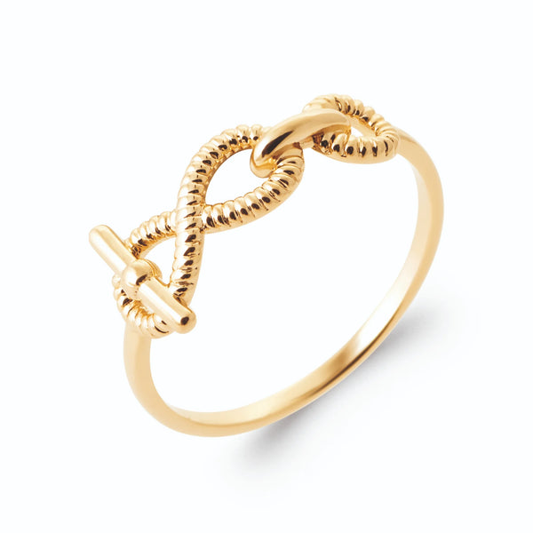 Bague double boucle de corde torsadée et barrette en T en plaqué or, vue de trois quarts