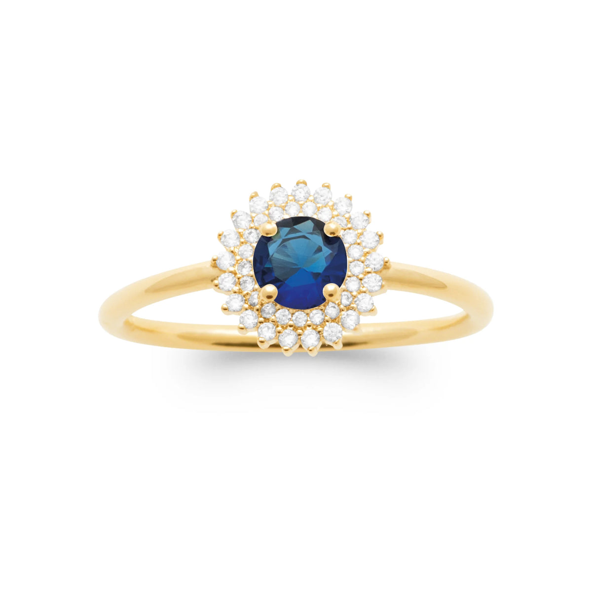 Bague double entourage de zircons et pierre ronde bleu nuit en plaqué or