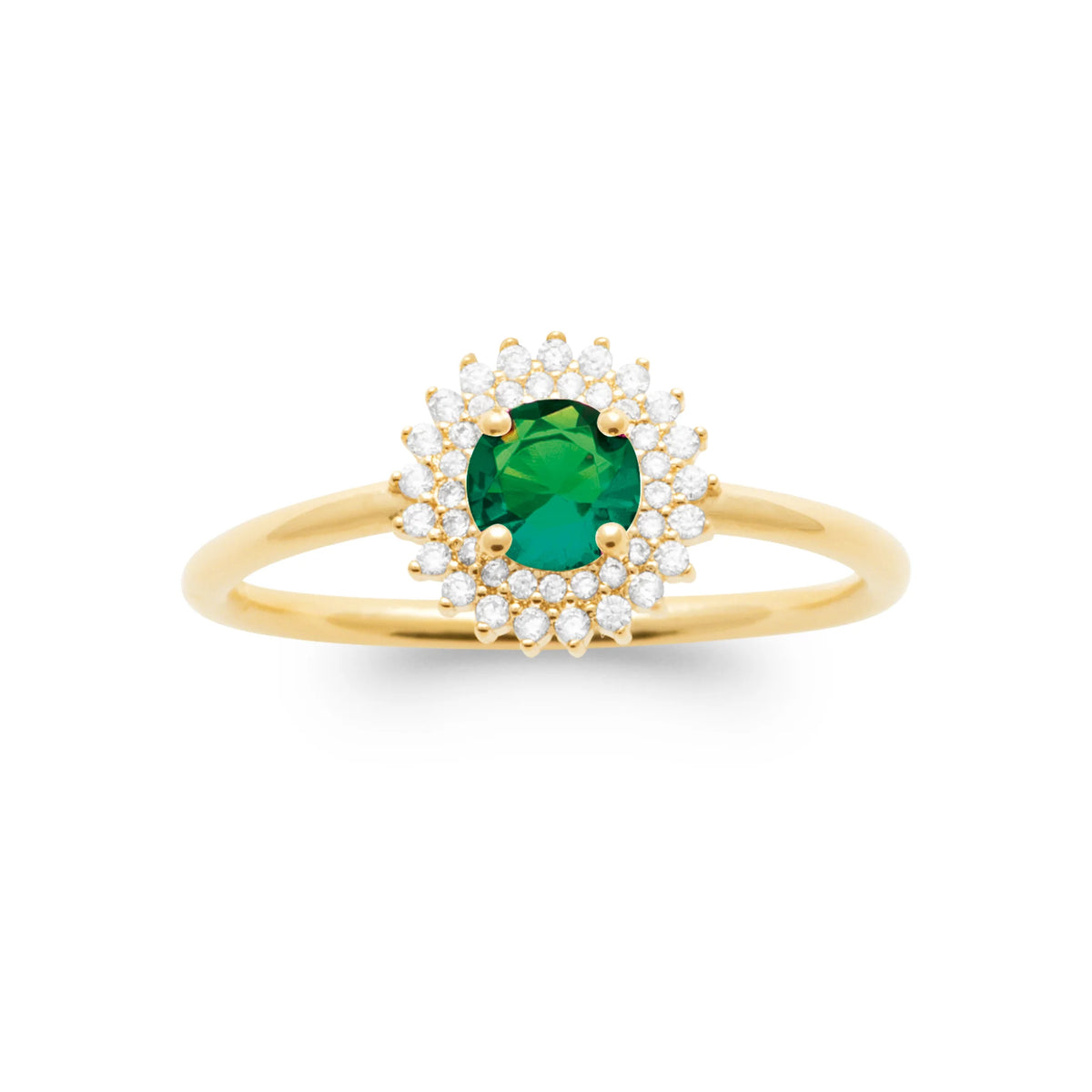Bague double entourage de zircons et pierre ronde vert intense en plaqué or
