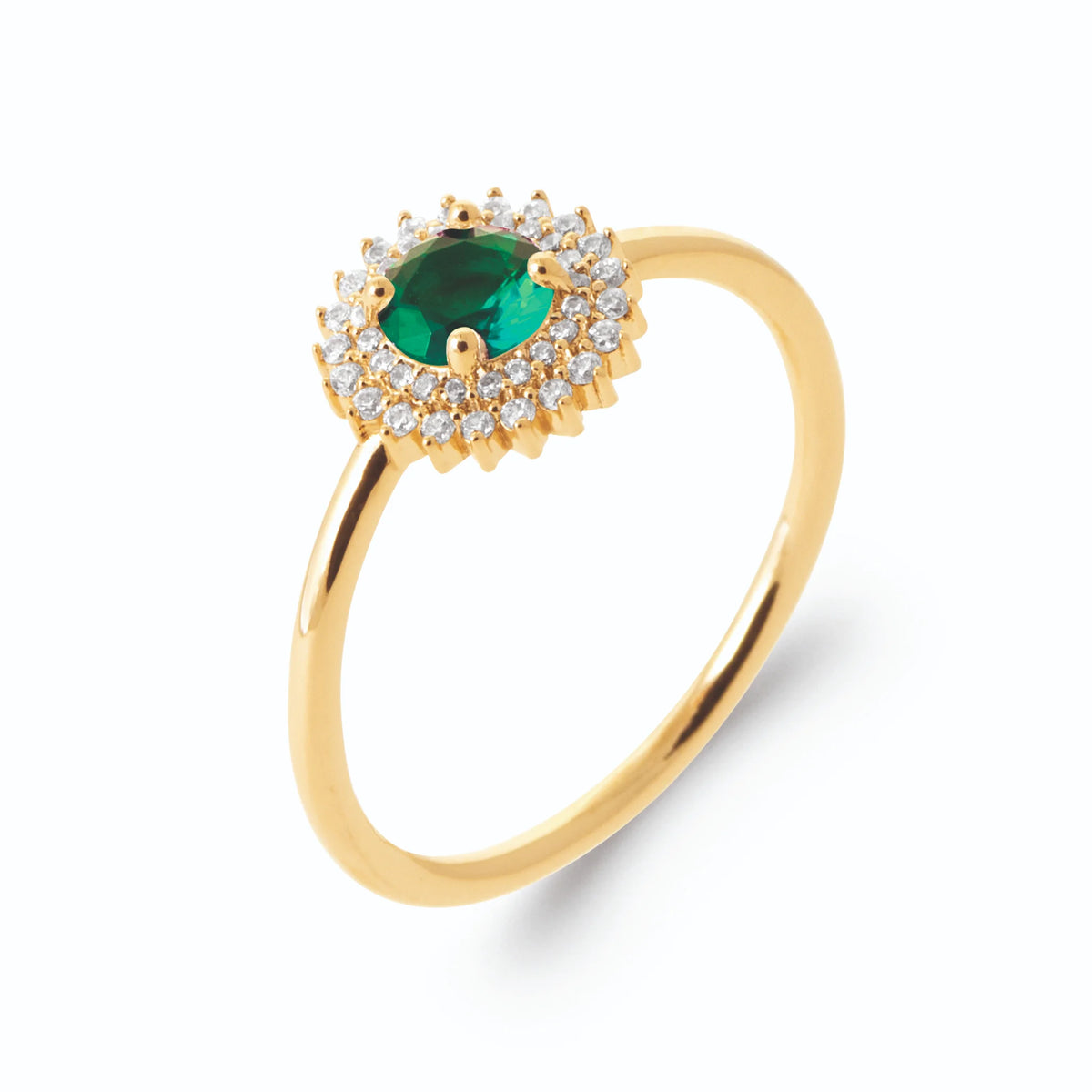 Bague double entourage de zircons et pierre ronde vert intense en plaqué or