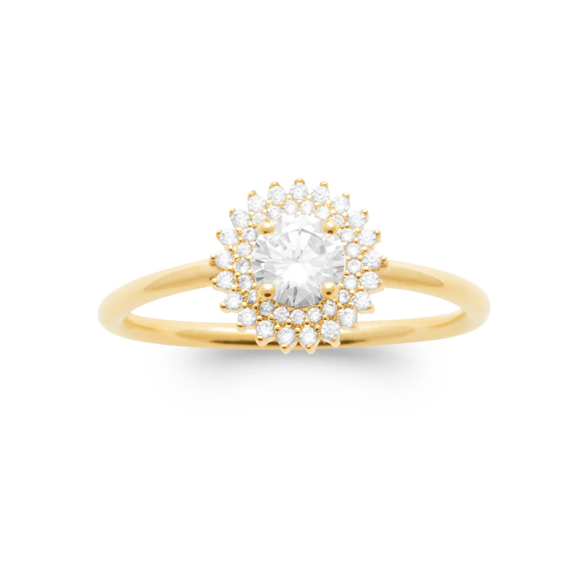 Bague double entourage de zircons et zircon rond blanc en plaqué or