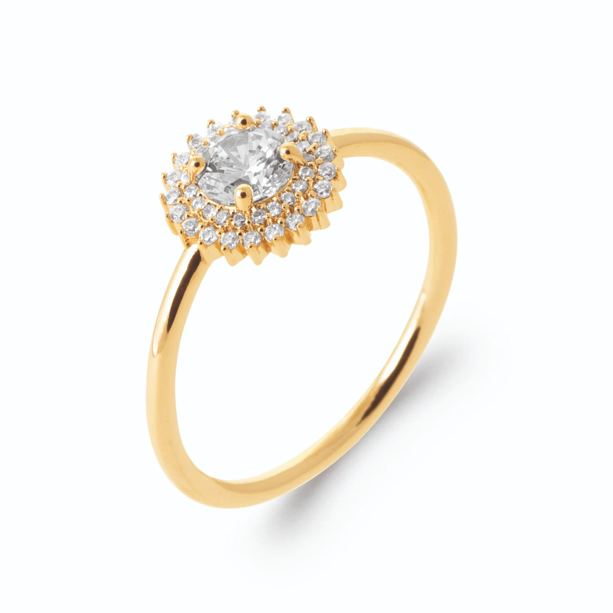 Bague double entourage de zircons et zircon rond blanc en plaqué or