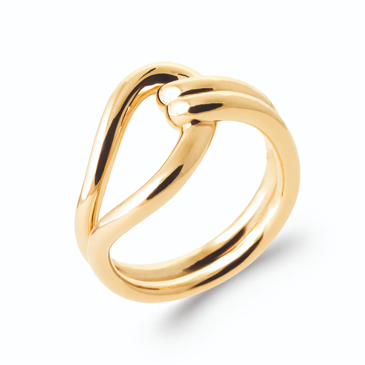 Bague double jonc et boucle nouée en plaqué or, vue de trois quarts