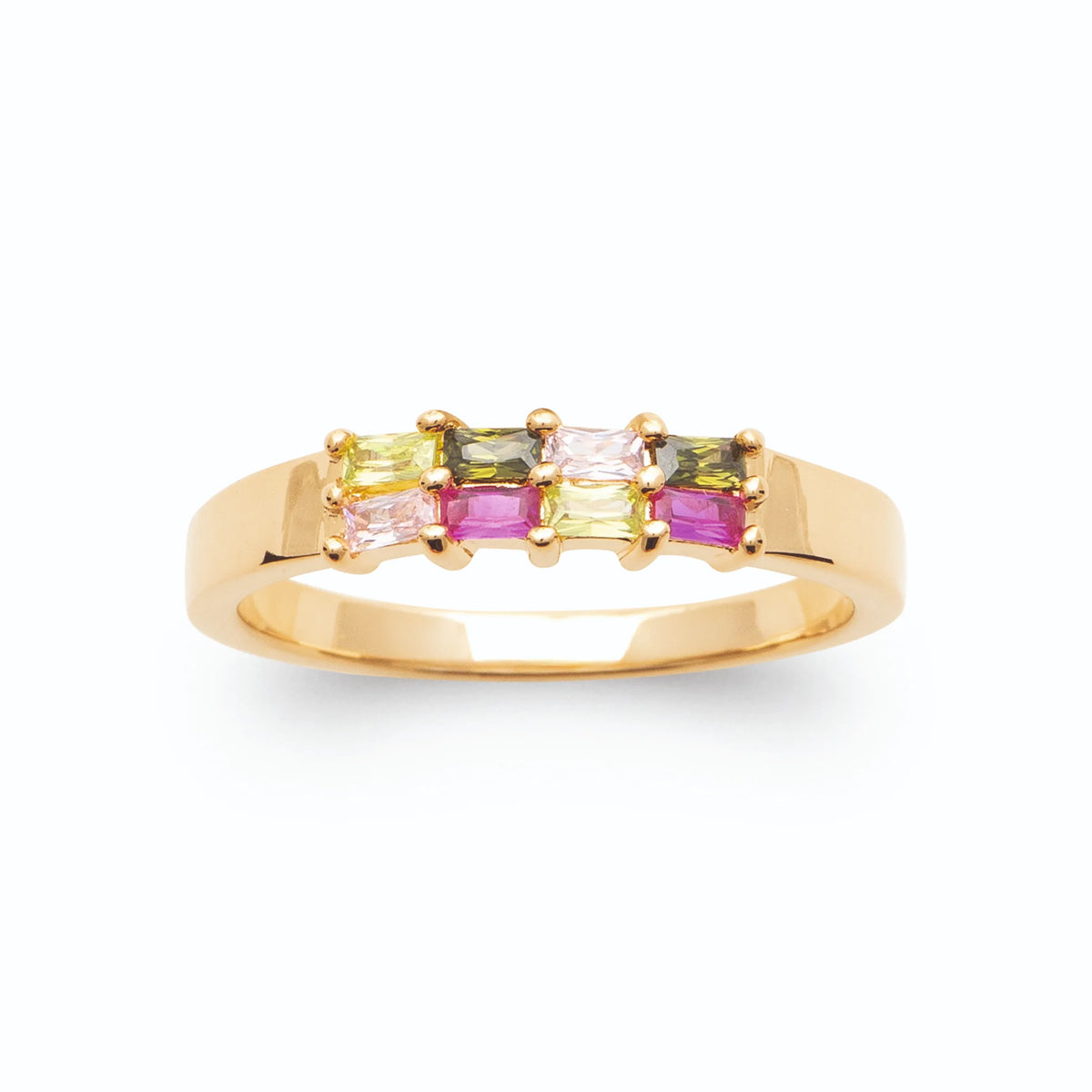 Bague double rang de pierres baguettes multicolores en plaqué or