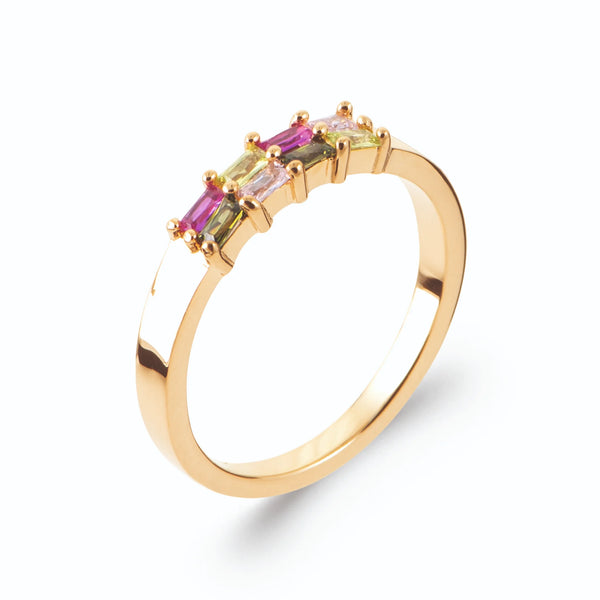 Bague double rang de pierres baguettes multicolores en plaqué or, vue de trois quarts