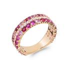 Bague double rang de zircons roses et blancs sertis griffes en plaqué or