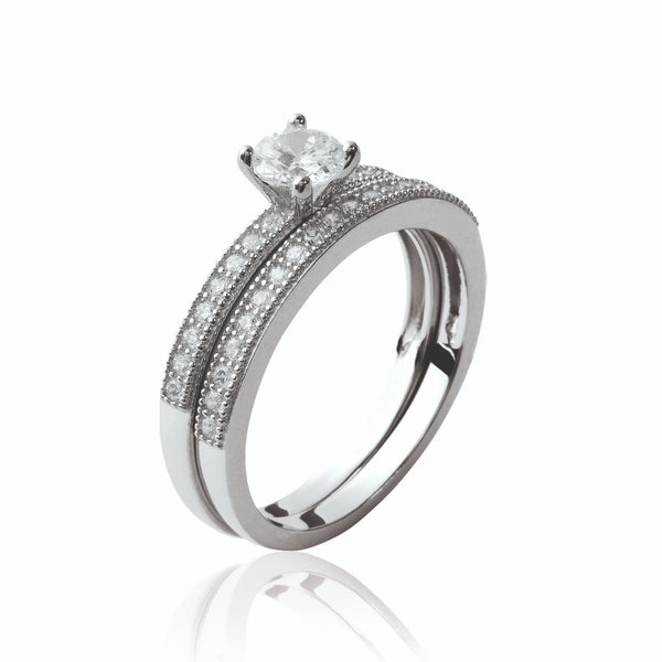 Bague duo solitaire et alliance pavée de zircons en argent 925, vue de face