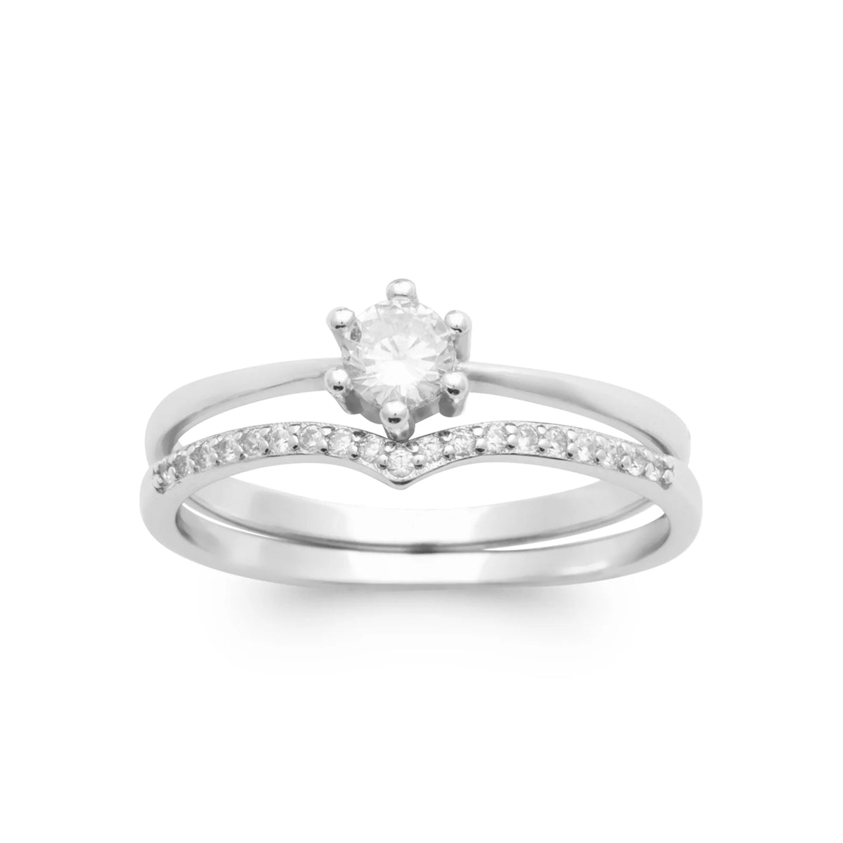 Bague duo solitaire et anneau en V pavé en argent 925