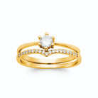 Bague duo solitaire zircon et anneau en V pavé de zircons plaqué or, vue de face
