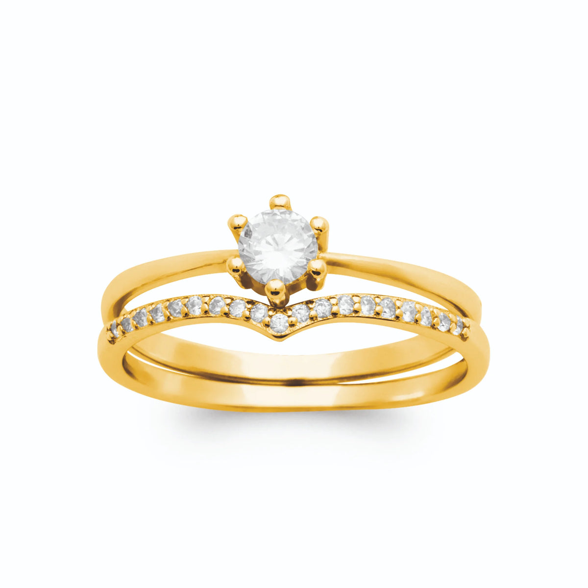 Bague duo solitaire zircon et anneau en V pavé de zircons plaqué or, vue de face