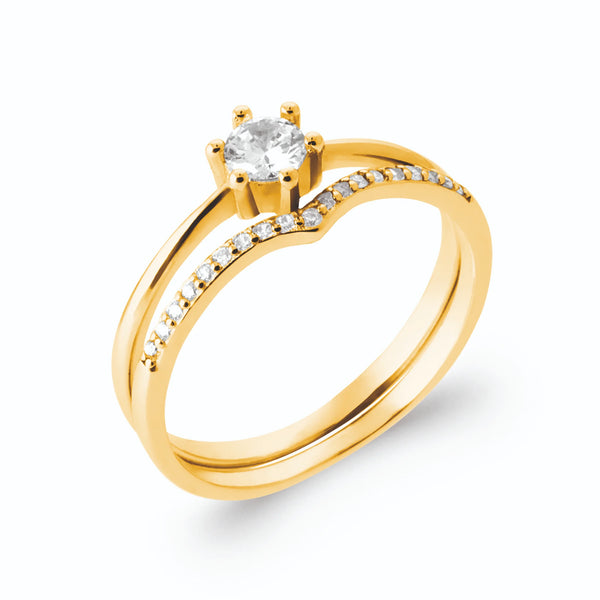 Bague duo solitaire zircon et anneau en V pavé de zircons en plaqué or, vue de trois quarts