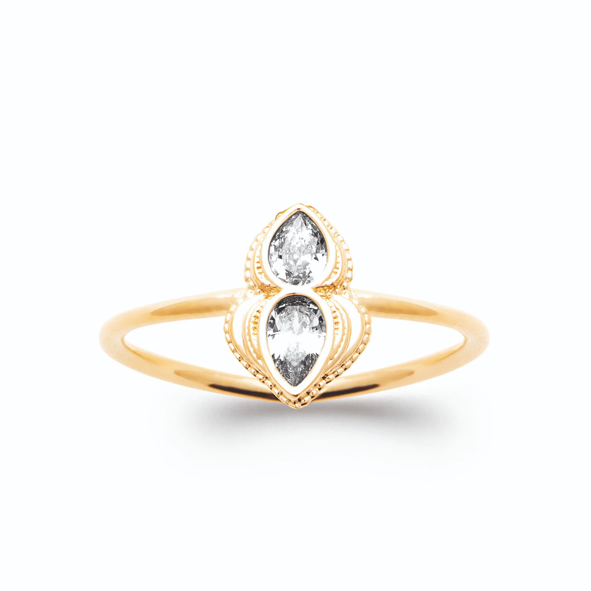 Bague duo de zircons navette et poire plaqué or, vue de face