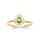Bague entourage pierre navette vert olive et zircons plaqué or, vue de face