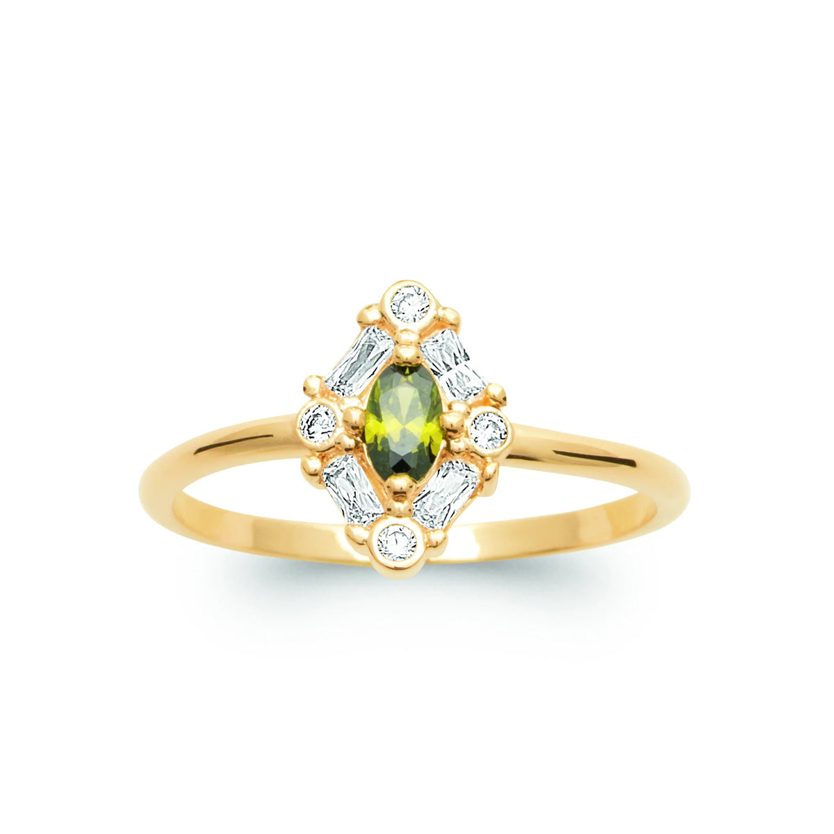 Bague entourage pierre navette vert olive et zircons plaqué or, vue de face