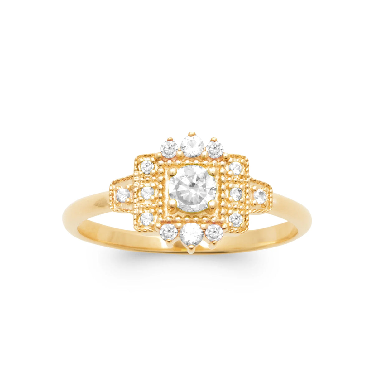 Bague entourage octogonal perlé et zircon central plaqué or, vue de face