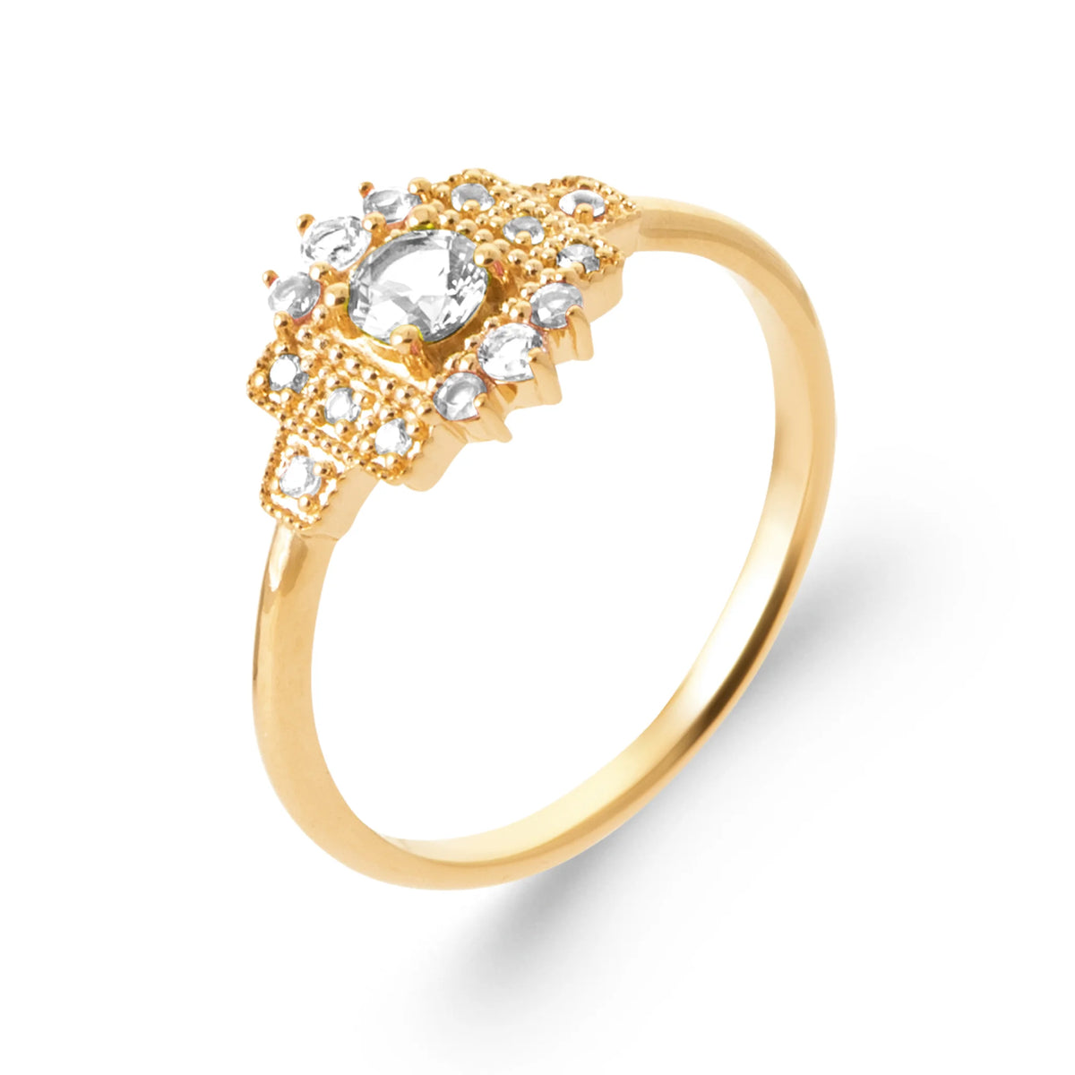 Bague entourage octogonal perlé et zircon central en plaqué or, vue de trois quarts