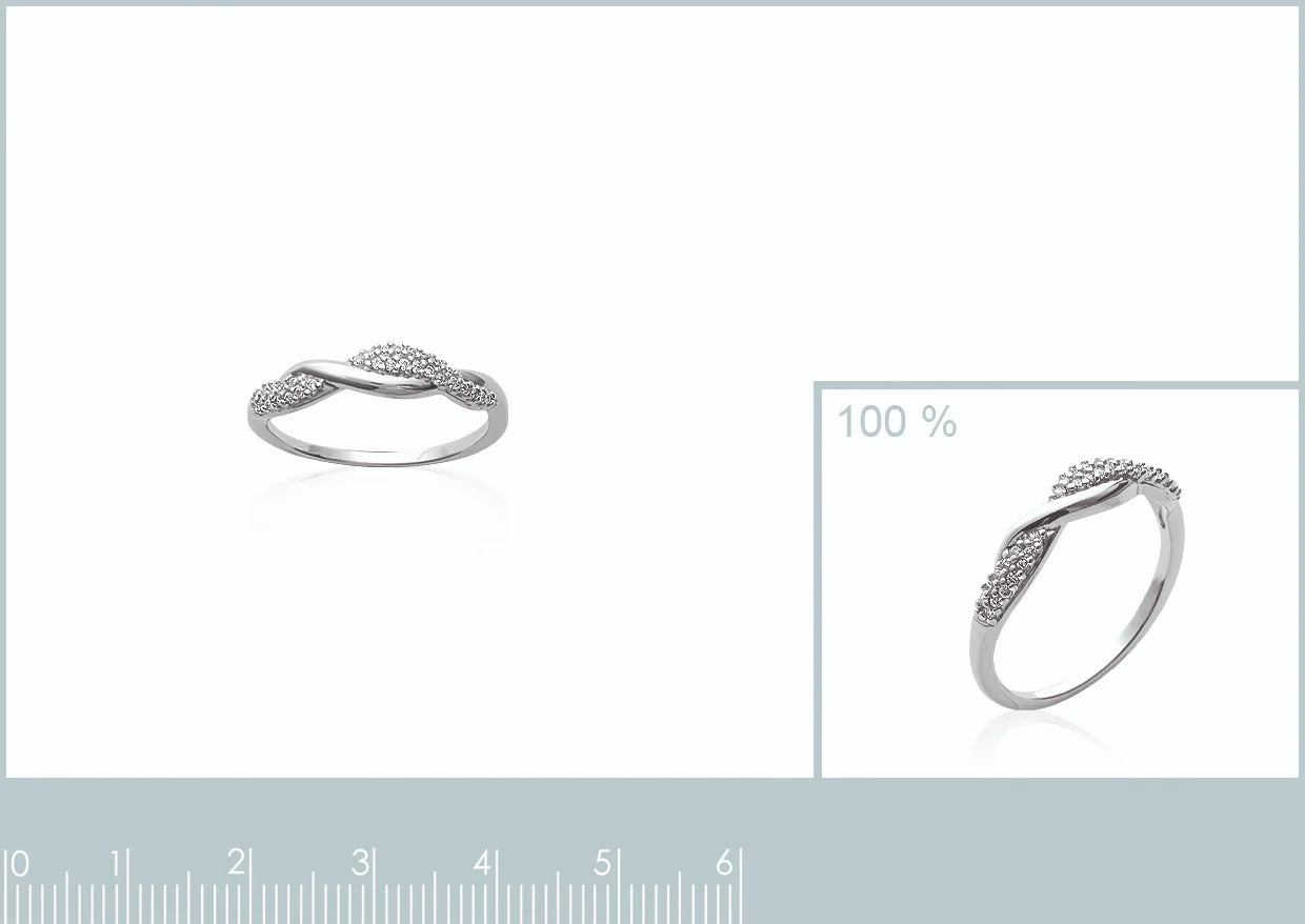 Bague entrelacs pavés de zircons en argent 925, planche avec vue à taille réelle et réglet