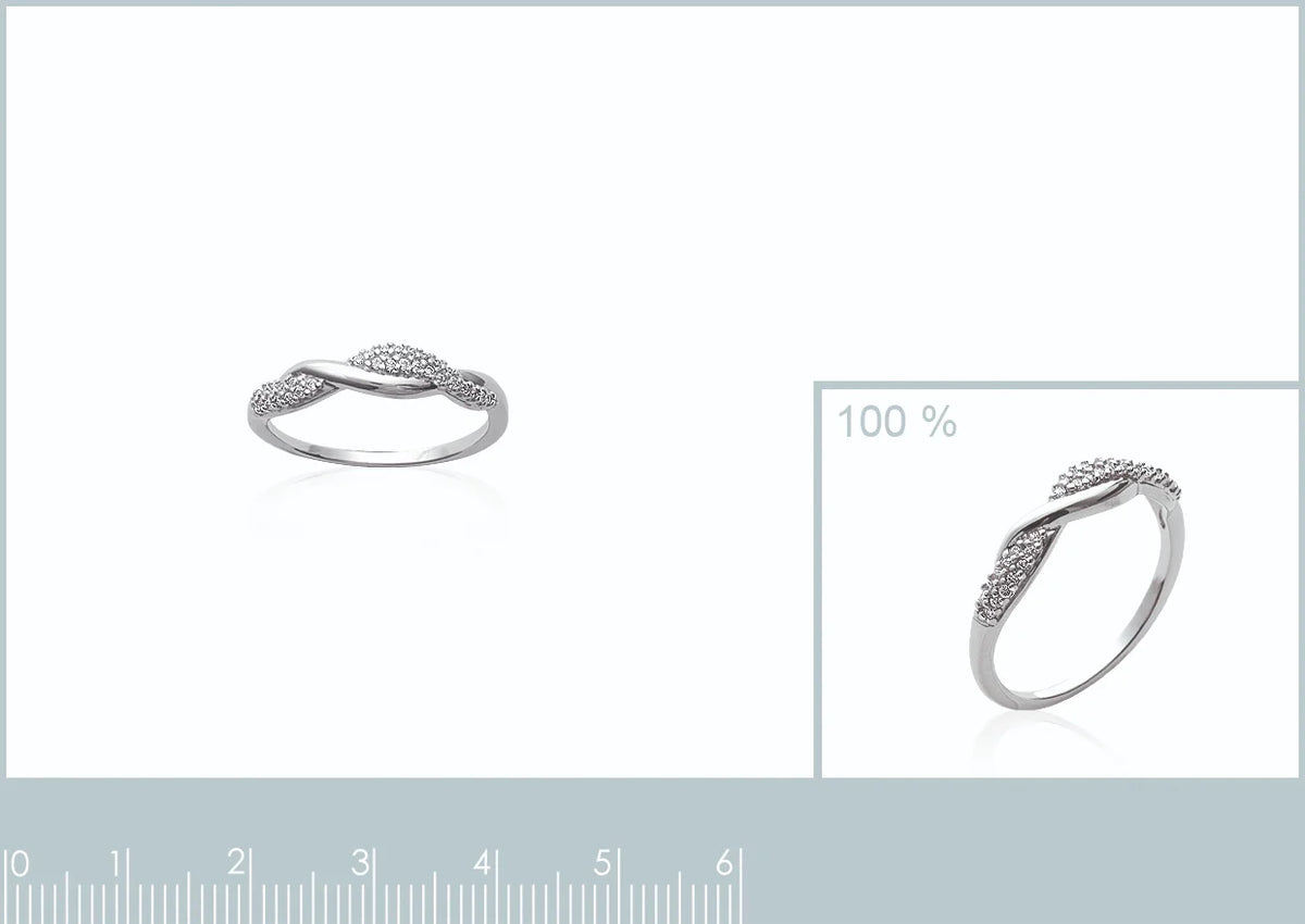 Bague entrelacs pavés de zircons en argent 925, planche avec vue à taille réelle et réglet