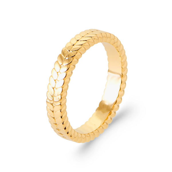 Bague épi de blé gravé en plaqué or, vue de trois quarts