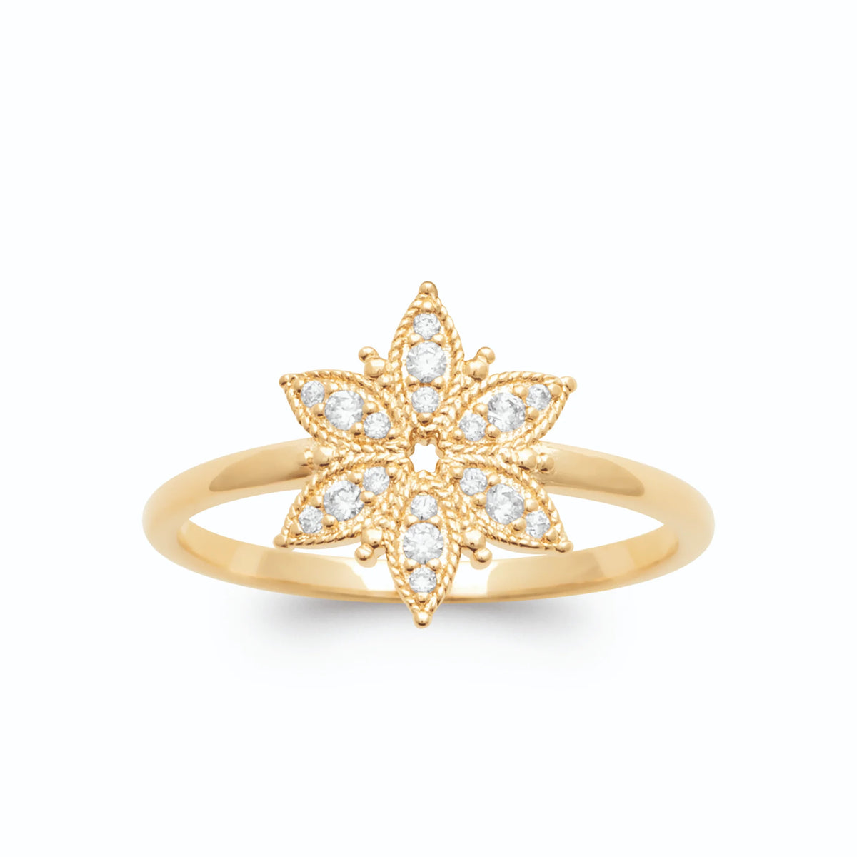 Bague étoile à huit branches pavées de zircons plaqué or, vue de face