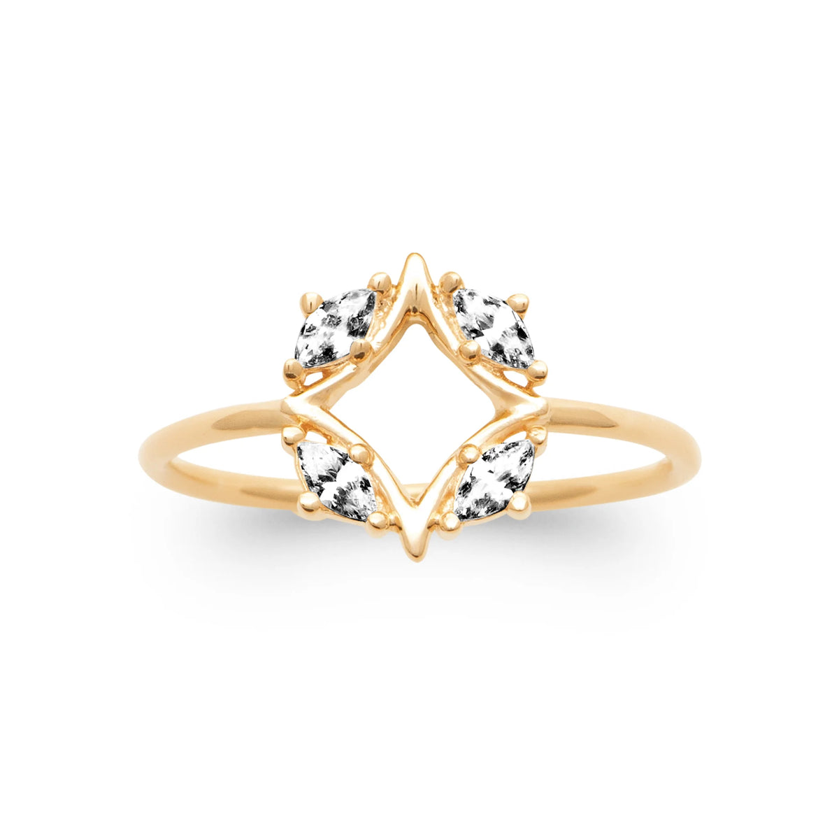Bague étoile ouverte quatre zircons navettes en plaqué or