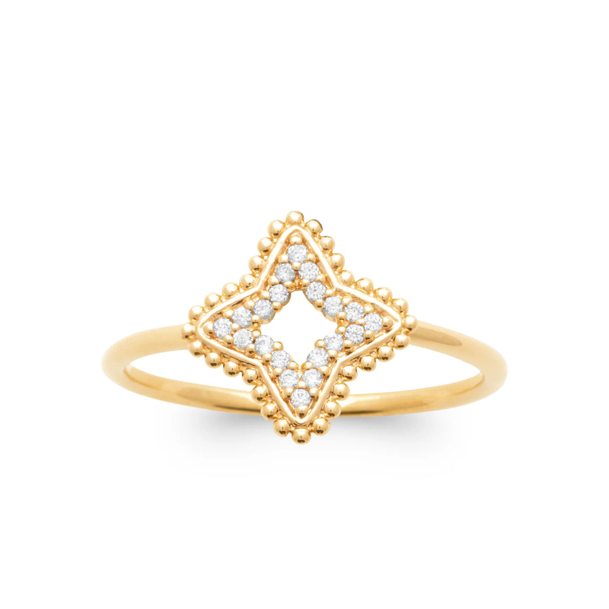 Bague étoile à quatre branches pavée de zircons et grains d’or plaqué or, vue de face