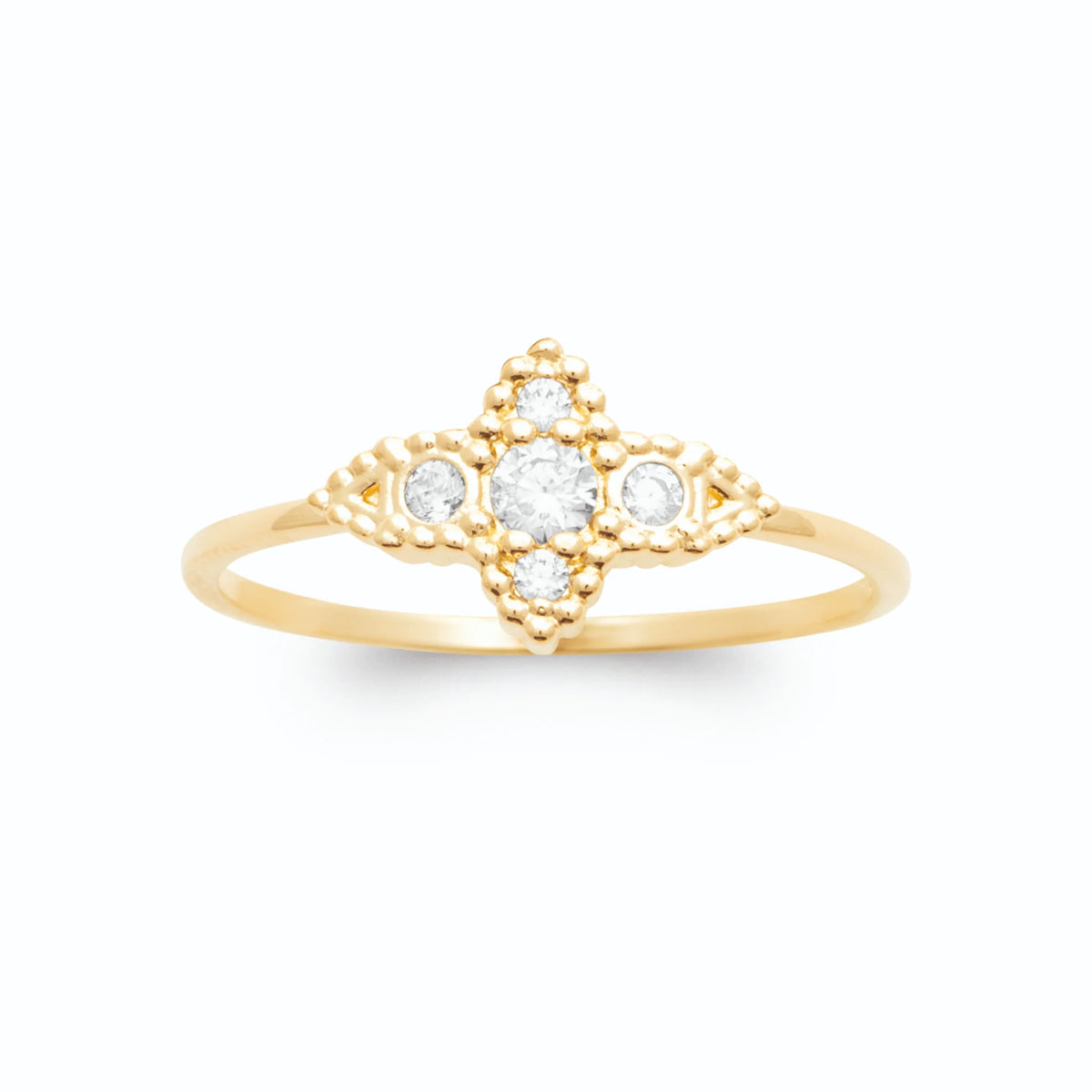 Bague étoile à quatre branches perlée et zircons plaqué or, vue de face