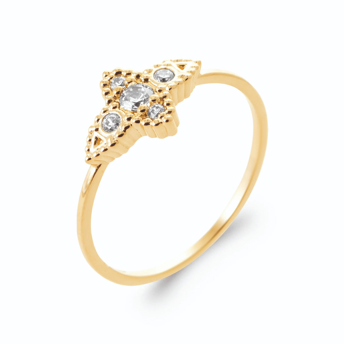 Bague étoile à quatre branches perlée et zircons en plaqué or, vue de trois quarts