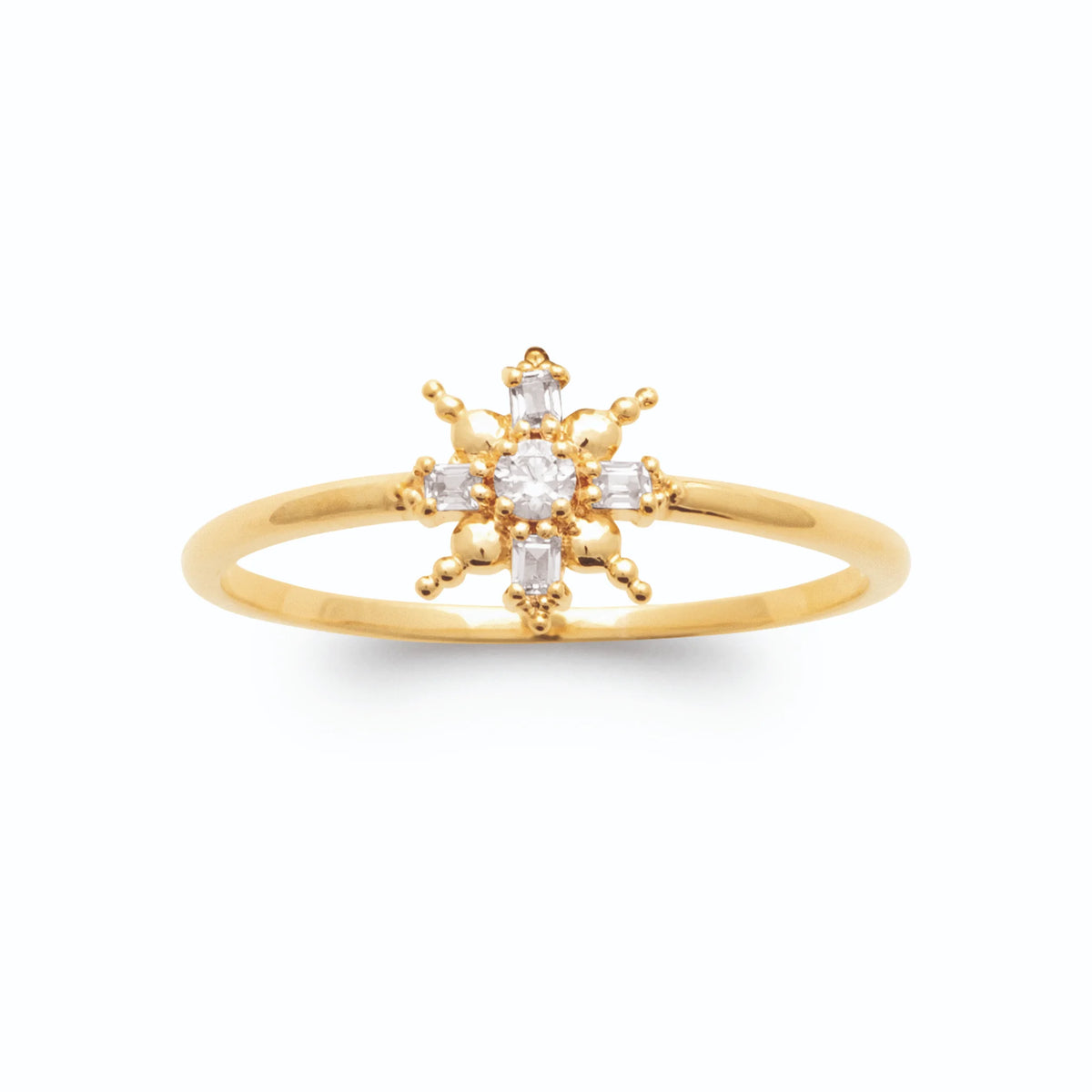 Bague étoile rayonnante branches perlées et zircons en plaqué or
