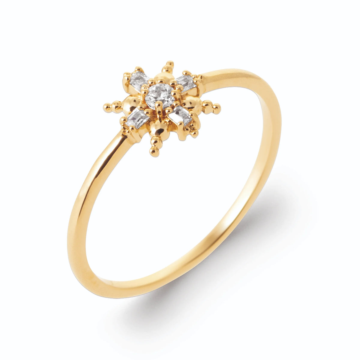 Bague étoile rayonnante branches perlées et zircons en plaqué or