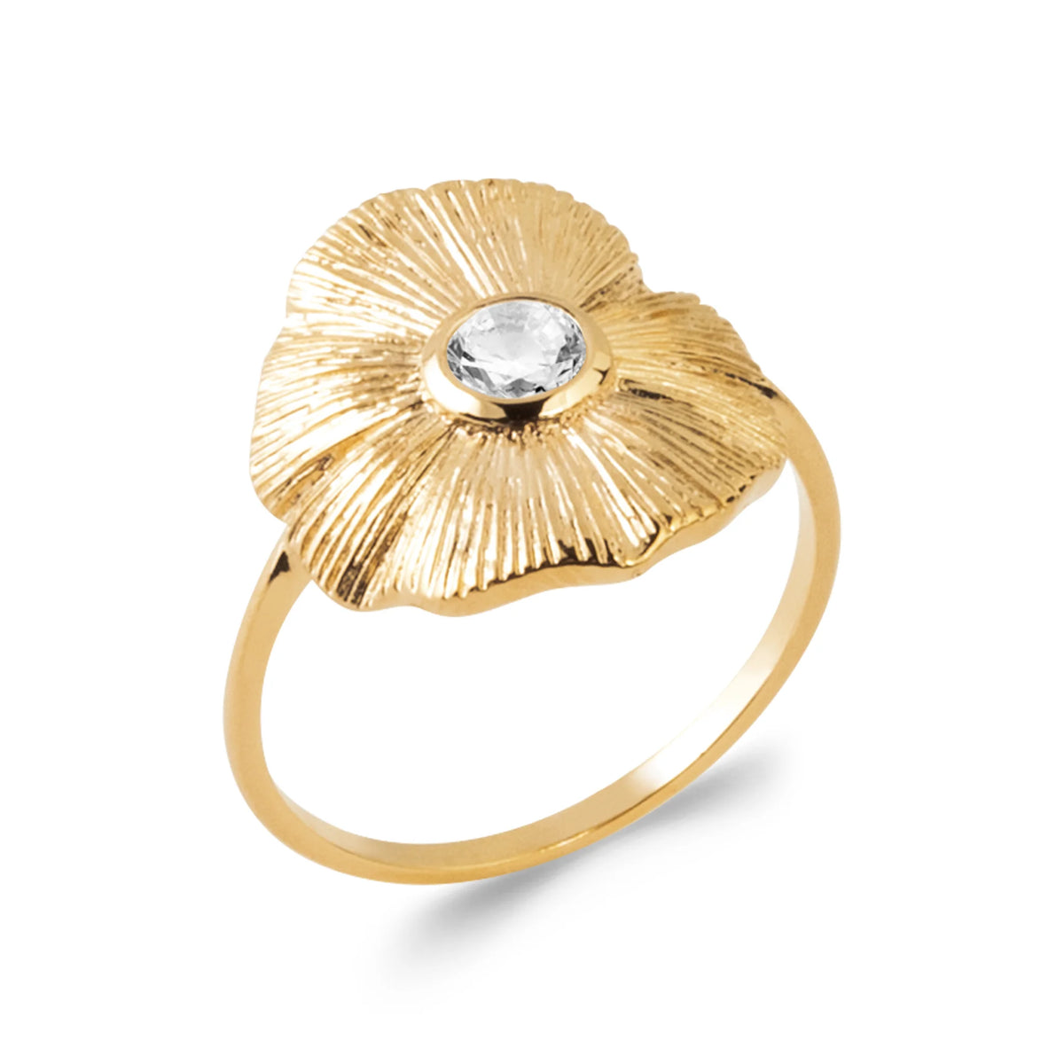 Bague éventail coquillage strié d’or et zircon central en plaqué or