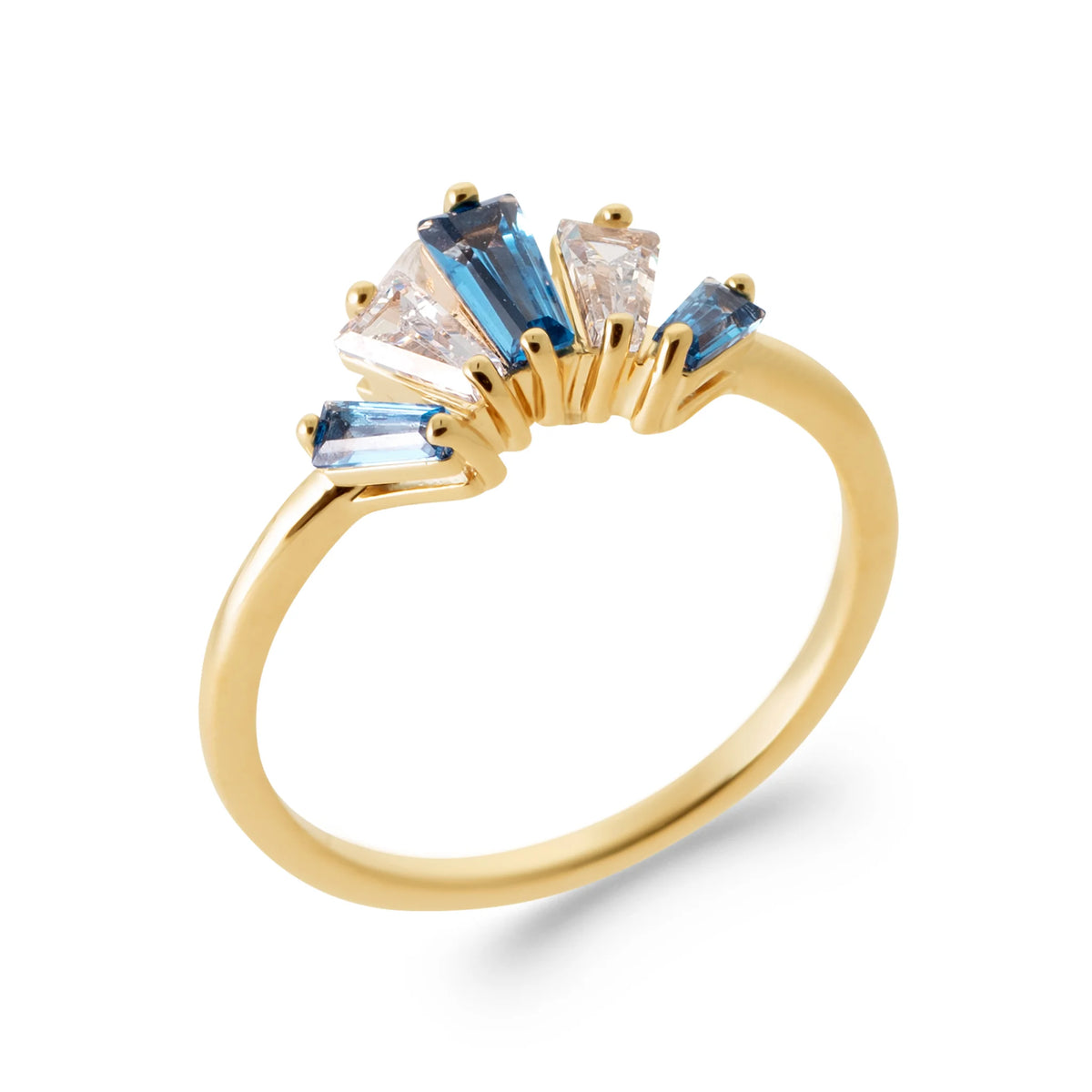 Bague éventail de pierres baguettes bleu nuit et blanches en plaqué or