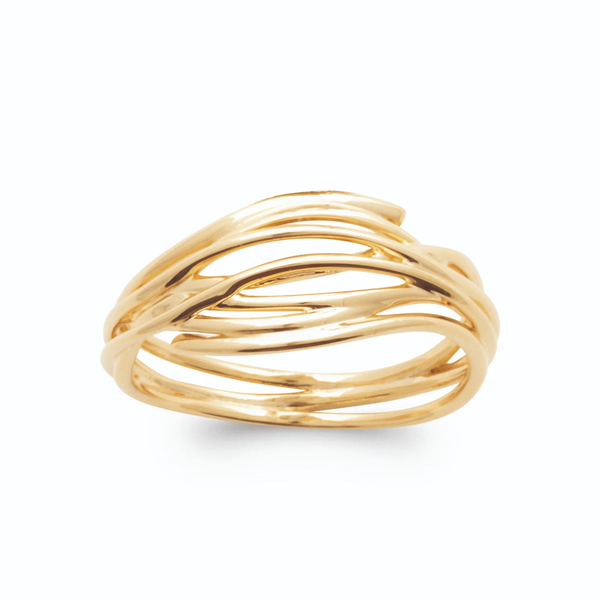 Bague faisceau de fils d’or ondulés entrelacés plaqué or, vue de face