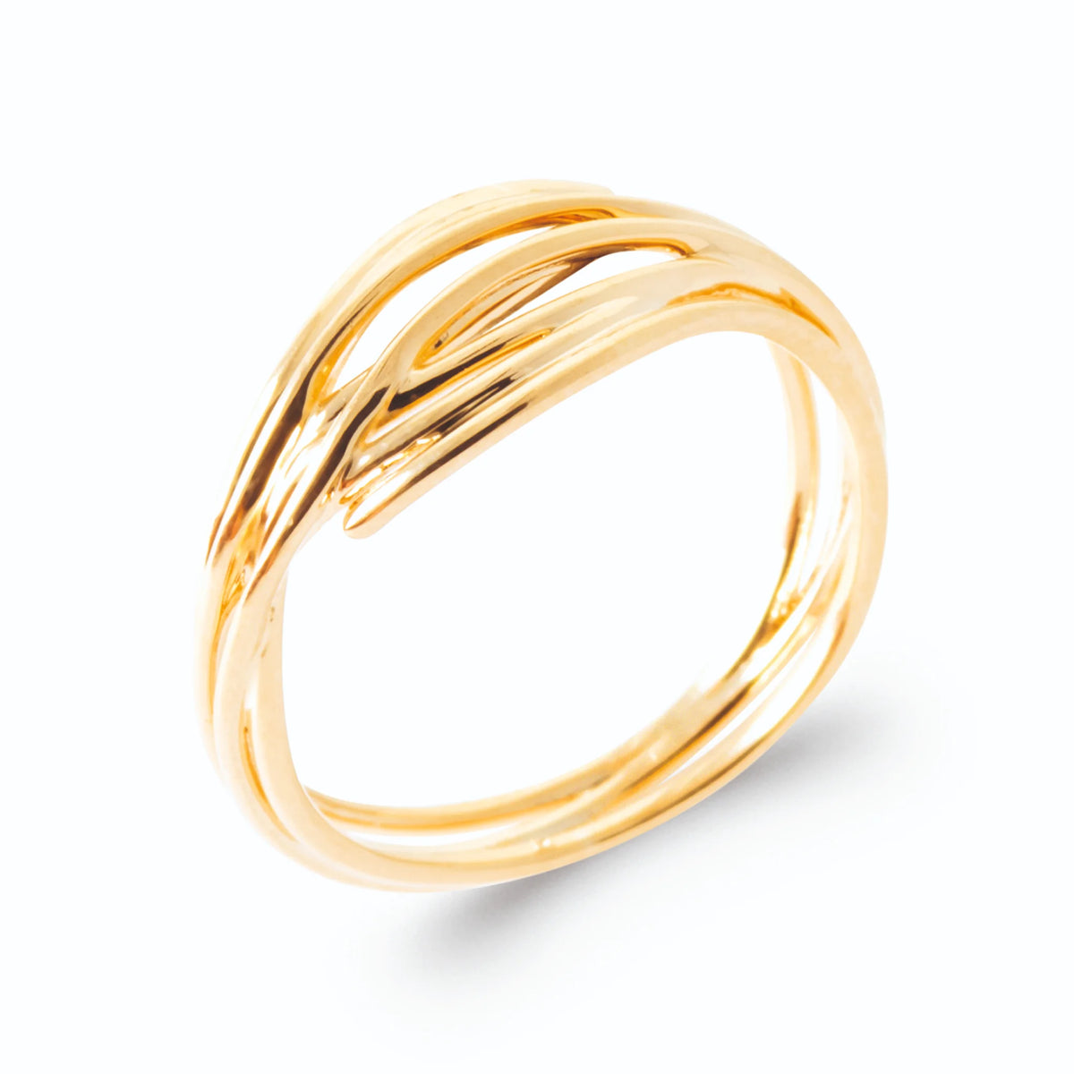 Bague faisceau de fils d’or ondulés entrelacés en plaqué or, vue de trois quarts