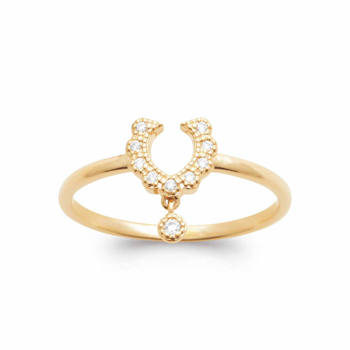 Bague fer à cheval de zircons et pampille ronde plaqué or, vue de face