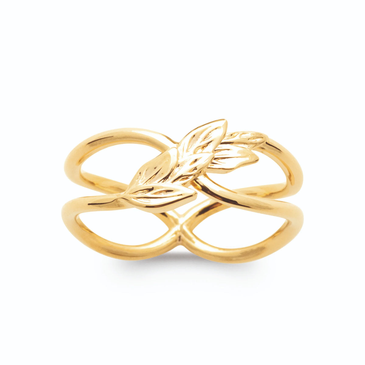 Bague fils croisés et rameau de feuilles ciselées en plaqué or