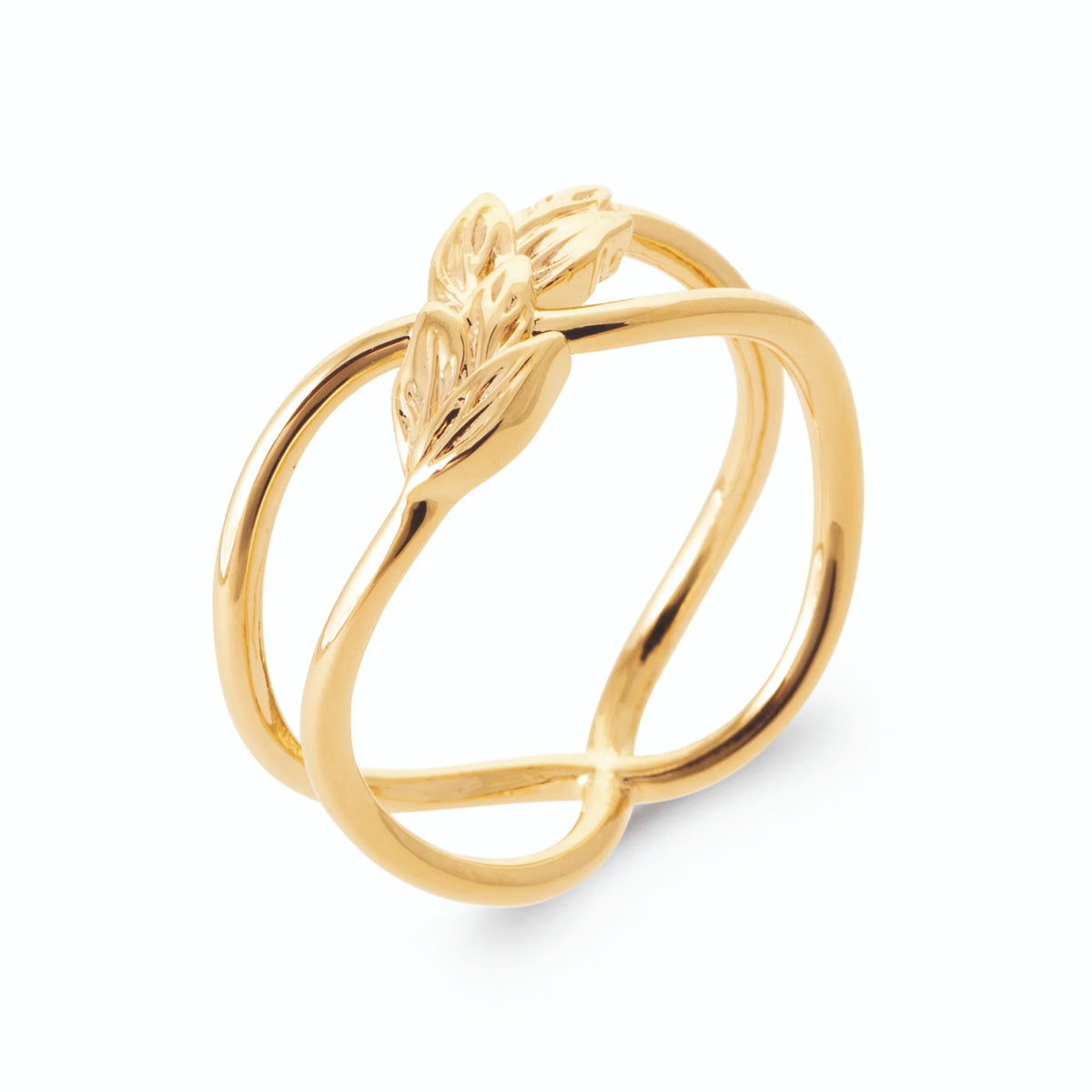Bague fils croisés et rameau de feuilles ciselées en plaqué or