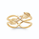 Bague fils croisés, rameau de feuilles et petit zircon en plaqué or