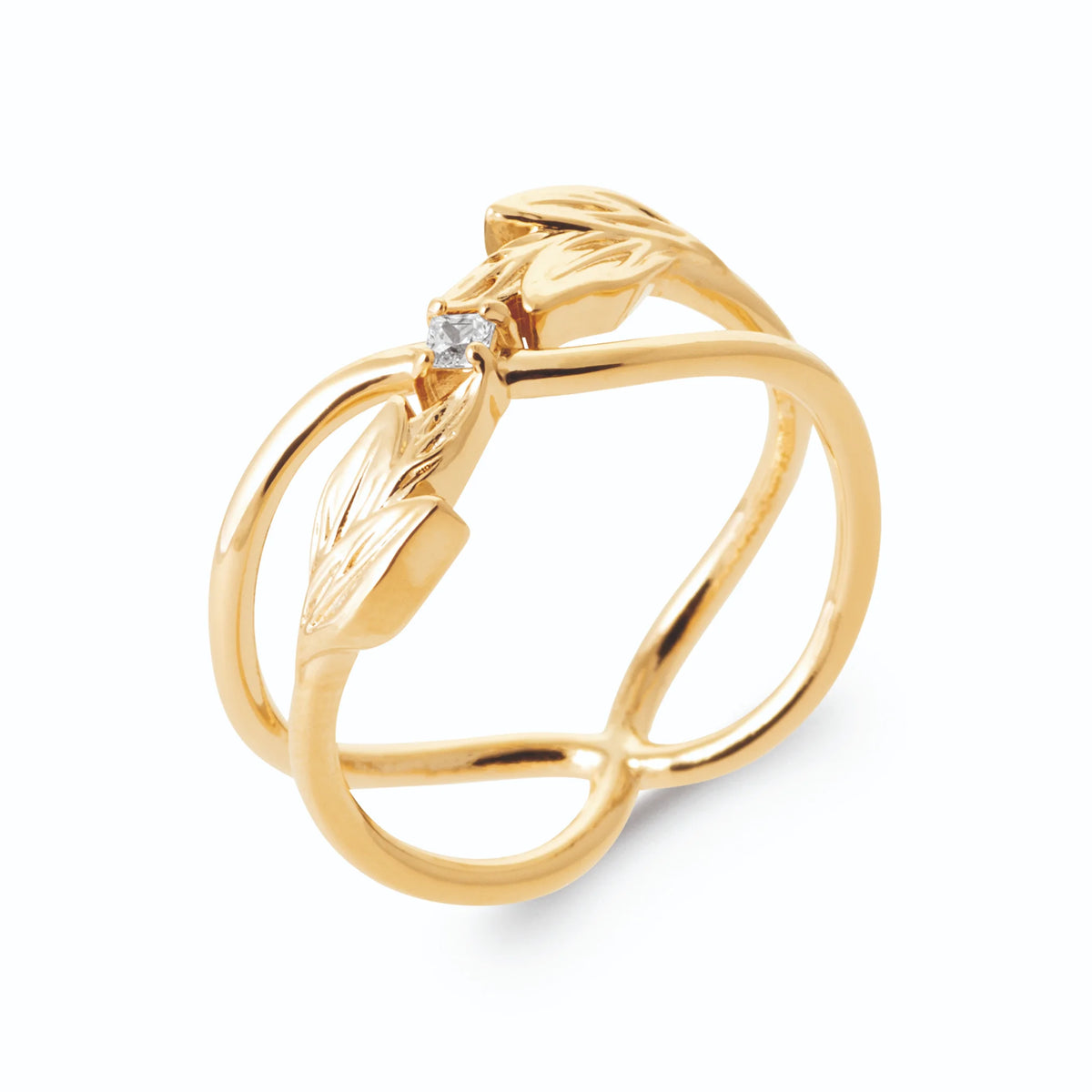 Bague fils croisés, rameau de feuilles et petit zircon en plaqué or