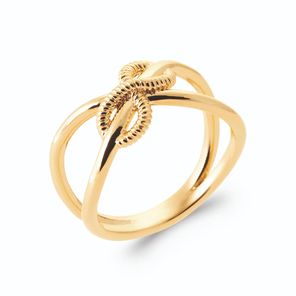 Bague fils croisés en X et nœud de corde torsadée en plaqué or, vue de trois quarts