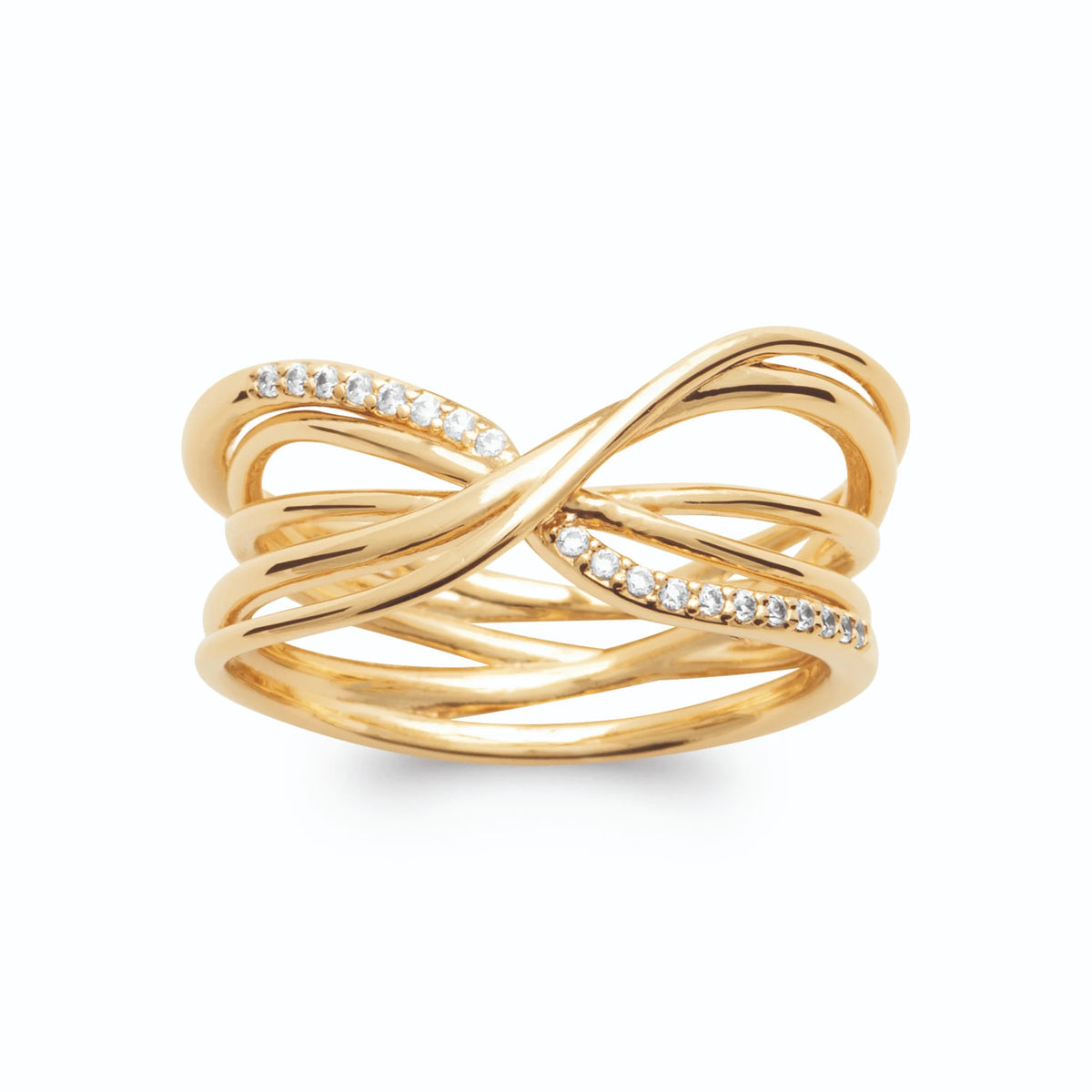 Bague fils d’or croisés en X dont un pavé de zircons plaqué or, vue de face