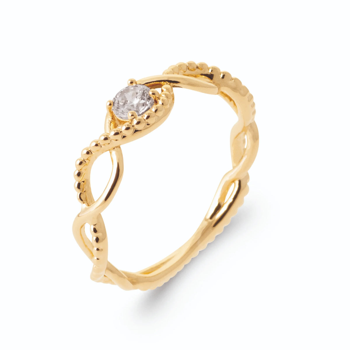 Bague fils d’or entrelacés en vagues lisses et perlés zircon en plaqué or