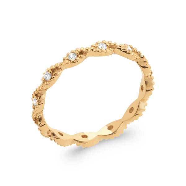 Bague fils d’or entrelacés en vagues ponctués de zircons en plaqué or, vue de trois quarts