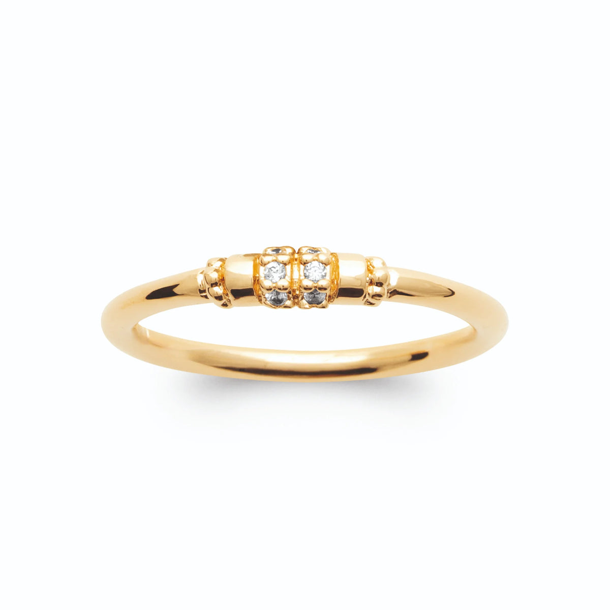 Bague fine barrette trois petits zircons et blocs ciselés plaqué or, vue de face