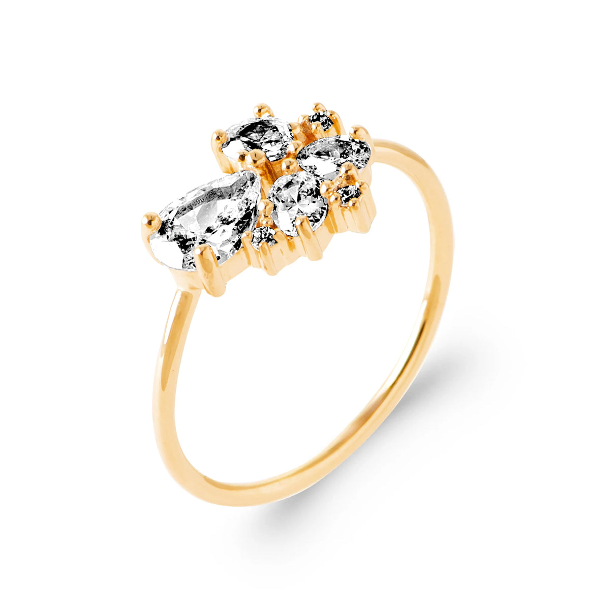 Bague fine bouquet asymétrique de zircons en plaqué or