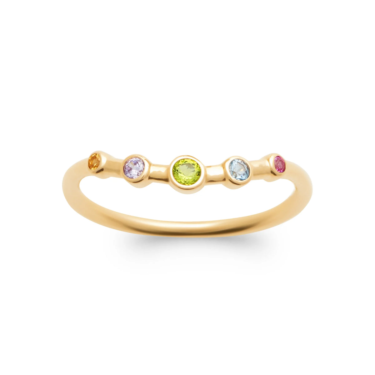 Bague fine cinq petites pierres colorées espacées plaqué or, vue de face